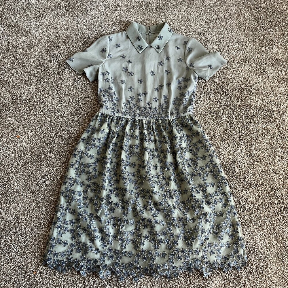 Reiss Dress Sage Green Collar Blue Floral Appliques Tulle Zip Short Sleeve Sz 4
